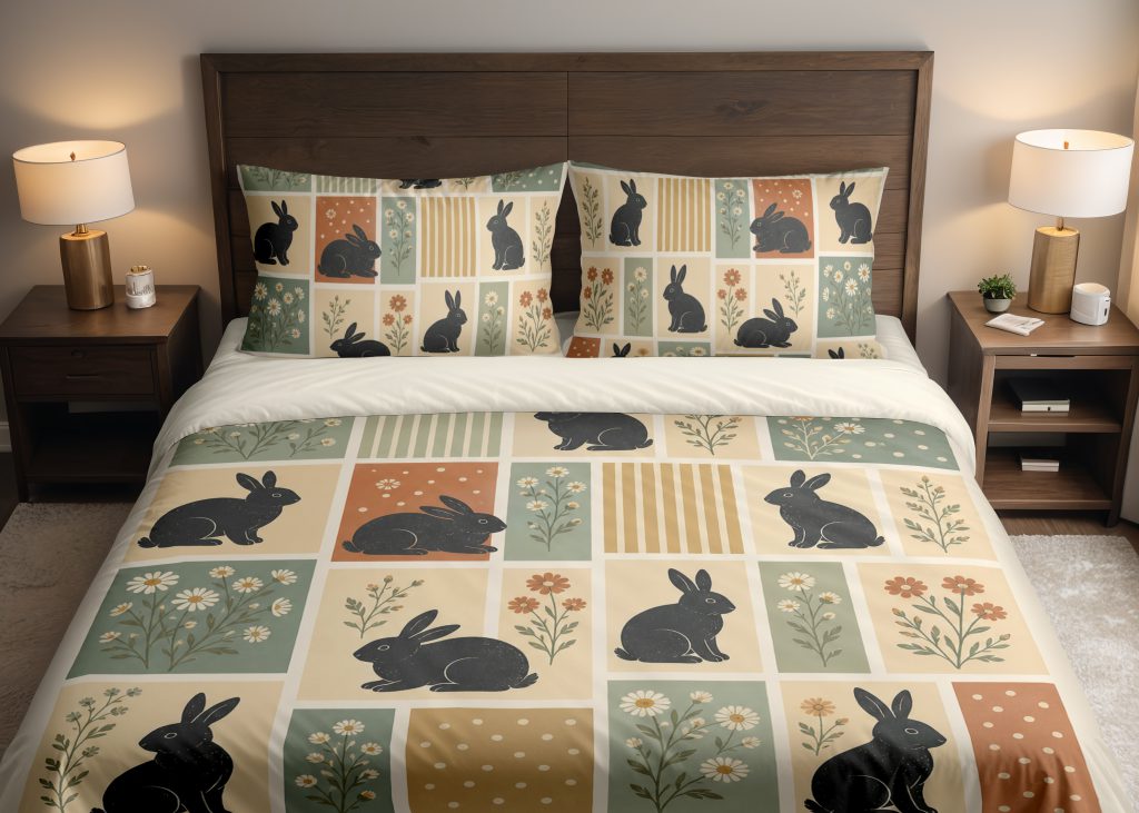 Parchment Rabbit Botanical Grid Bedding Set mockup 1