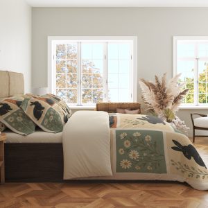 Parchment Rabbit Botanical Grid Bedding Set mockup 2