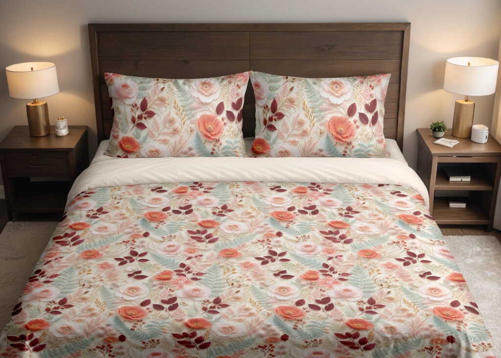 Front close view of ivory bedding with a dense delicate repeat of coral-pink roses, burgundy leaves, pale teal foliage and tiny peach blossoms on the cover and matching pillows.