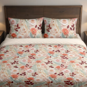 Front close view of ivory bedding with a dense delicate repeat of coral-pink roses, burgundy leaves, pale teal foliage and tiny peach blossoms on the cover and matching pillows.