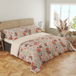 Angled full-bed view of ivory bedding with a dense delicate repeat of coral-pink roses, burgundy leaves, pale teal foliage and tiny peach blossoms, showing the pattern across the cover and pillows.