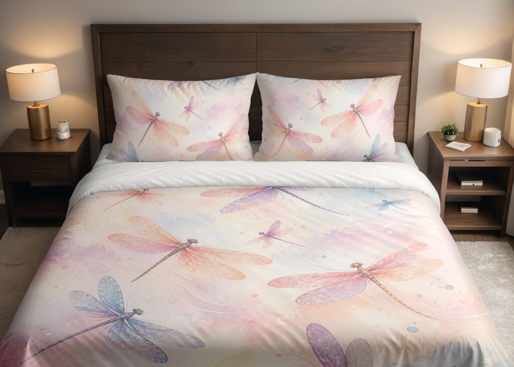 Front close view of bedding printed with translucent pink, lavender and blue dragonflies over a soft peach, cream and pink watercolor ground on the cover and matching pillows.