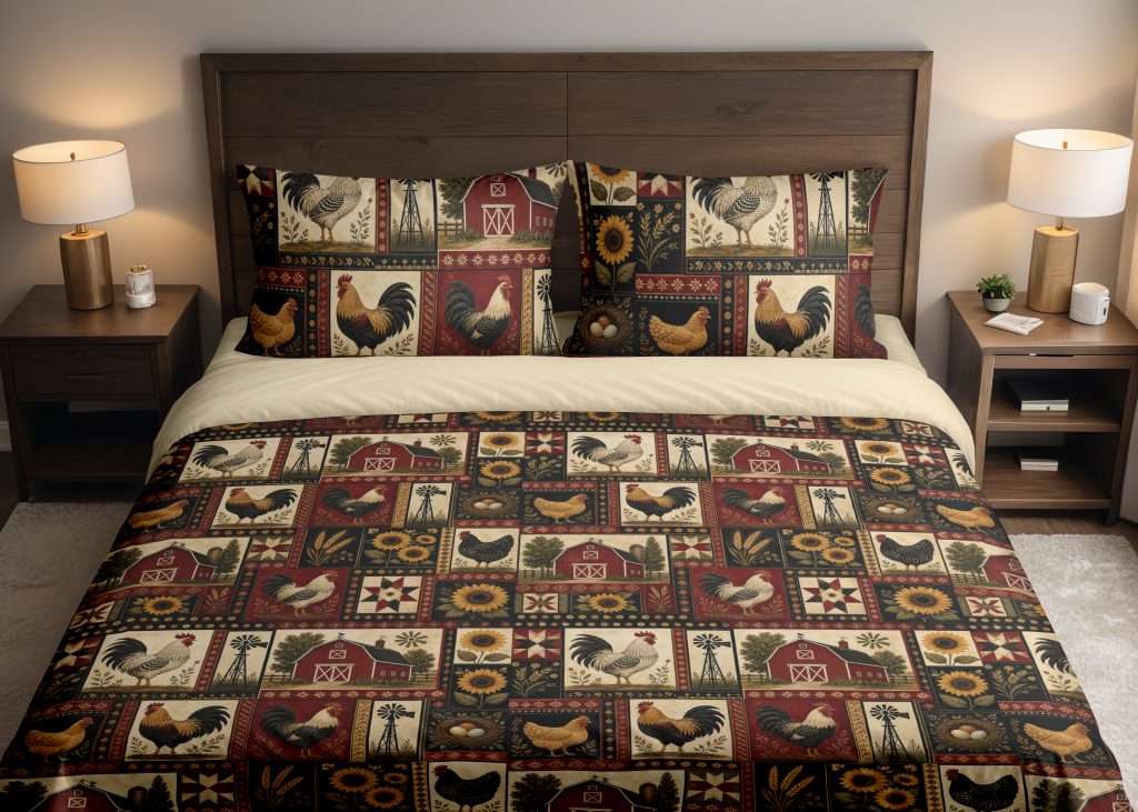 Red Barn Rooster Mosaic Bedding Set