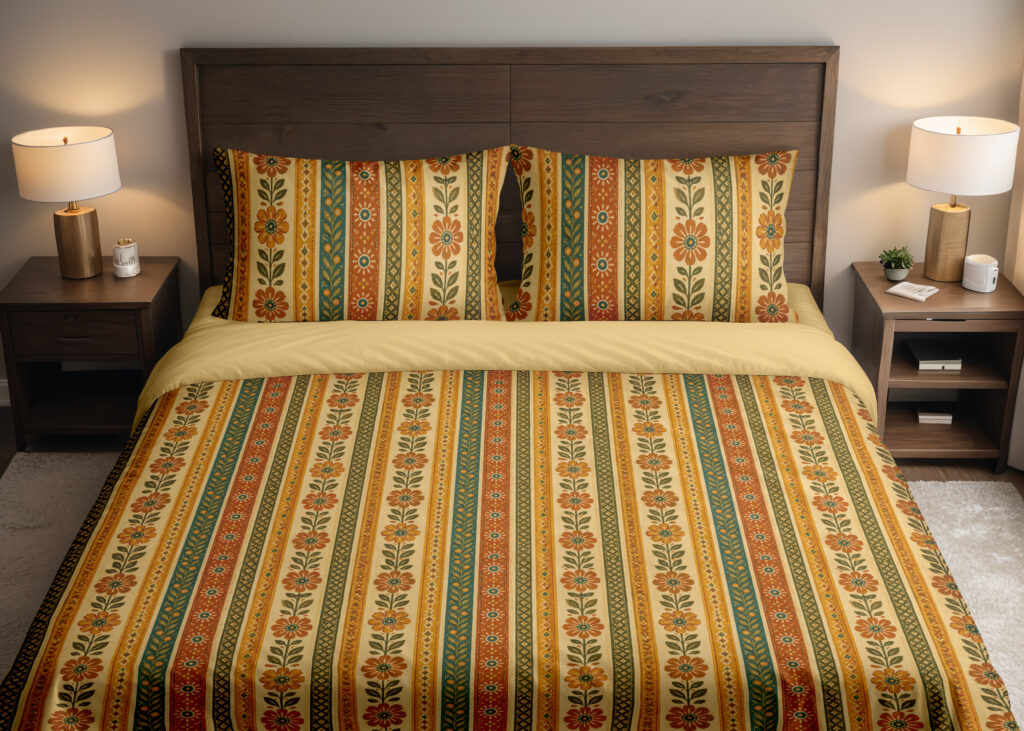 Front close view of bedding with narrow vertical saffron, cream, orange and olive stripes filled with tiny folk flowers, leaf stems and dotted borders on the cover and matching pillows.