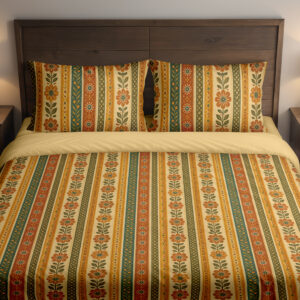 Front close view of bedding with narrow vertical saffron, cream, orange and olive stripes filled with tiny folk flowers, leaf stems and dotted borders on the cover and matching pillows.