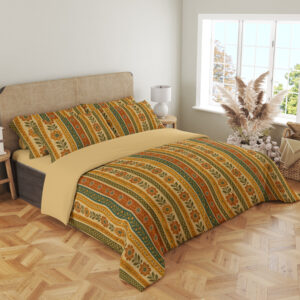 Angled full-bed view of bedding with narrow vertical saffron, cream, orange and olive stripes filled with tiny folk flowers, leaf stems and dotted borders, showing the pattern across the cover and pillows.