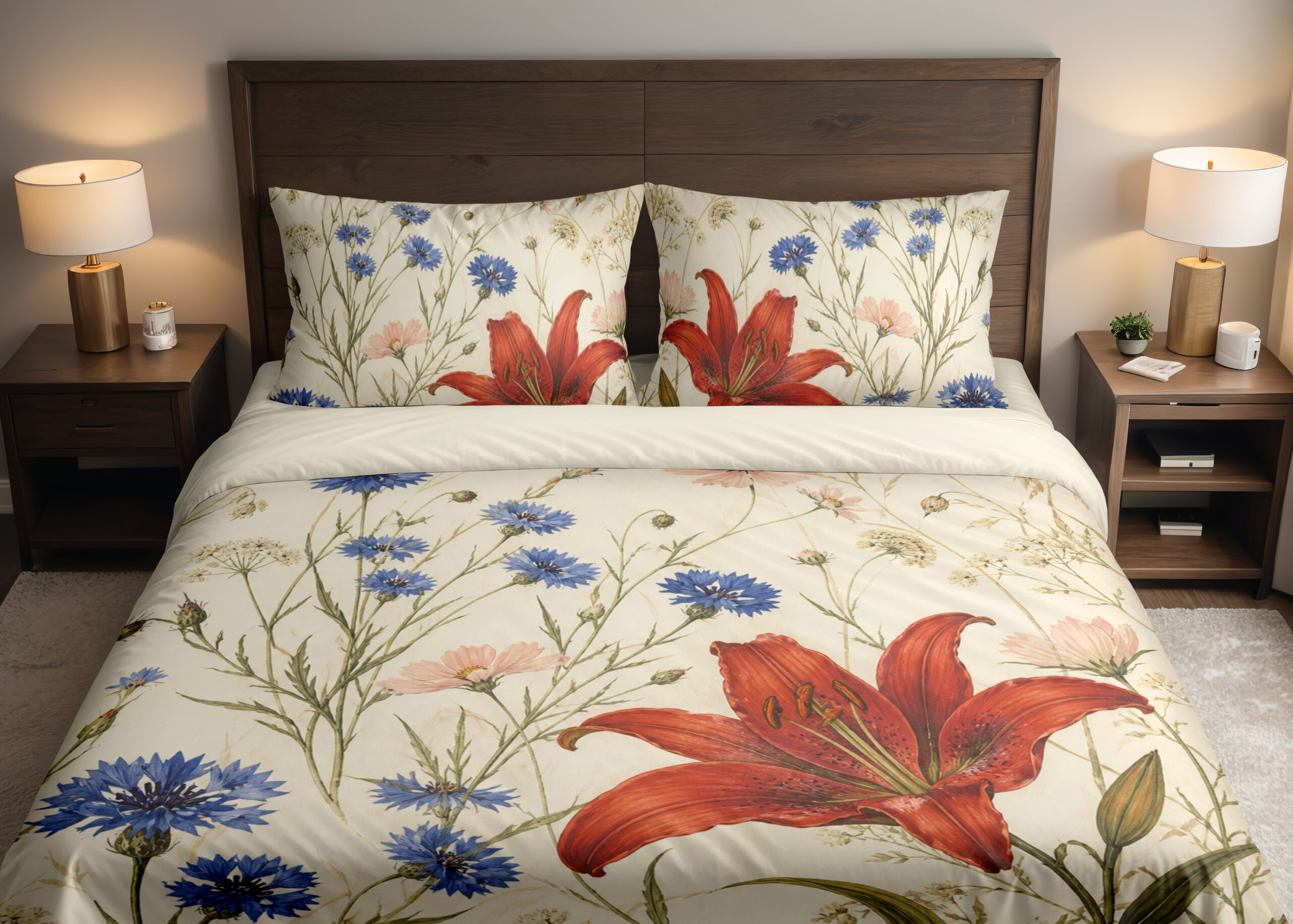 Front close view of cream bedding printed with large red lilies, blue cornflowers and fine green meadow stems on the cover and matching pillows.