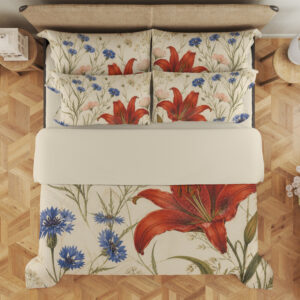 Overhead view of cream bedding printed with large red lilies, blue cornflowers and fine green meadow stems, with the design repeated on the pillows.