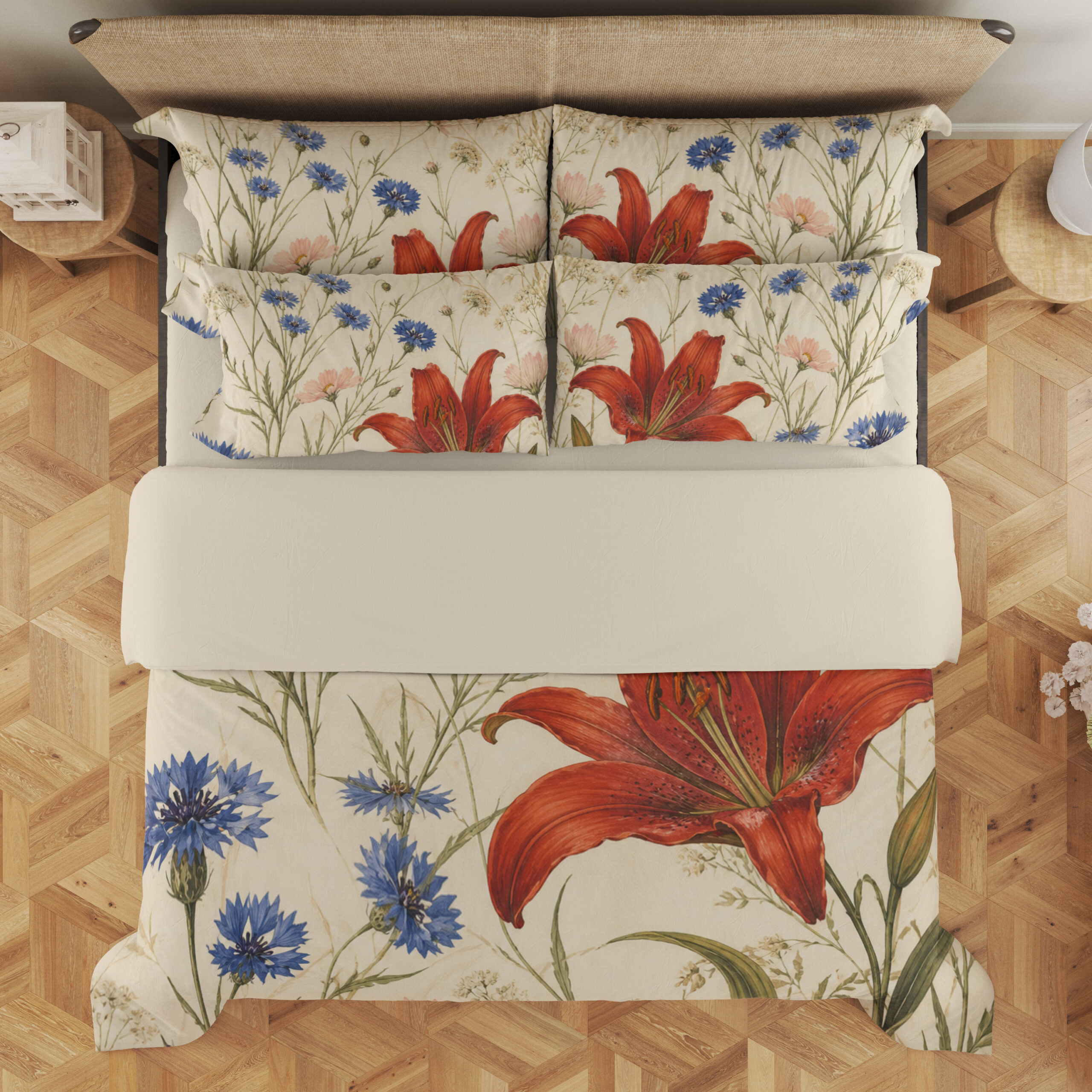 Overhead view of cream bedding printed with large red lilies, blue cornflowers and fine green meadow stems, with the design repeated on the pillows.