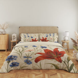Full front view of cream bedding printed with large red lilies, blue cornflowers and fine green meadow stems beneath a beige headboard.