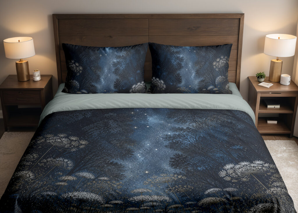 Front close view of midnight-blue bedding with delicate pale umbel flowers and fine meadow stems beneath a softly glowing star-speckled sky on the cover and matching pillows.