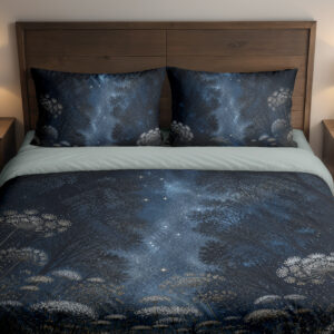 Front close view of midnight-blue bedding with delicate pale umbel flowers and fine meadow stems beneath a softly glowing star-speckled sky on the cover and matching pillows.