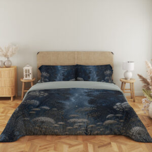 Full front view of midnight-blue bedding with delicate pale umbel flowers and fine meadow stems beneath a softly glowing star-speckled sky beneath a beige headboard.