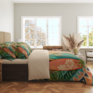Side view of beach-print bedding, showing coral and teal surfboards, green palm leaves and a colorful triangular border.