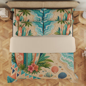 Overhead view of bedding printed with coral and teal surfboards, palm leaves and shells beside turquoise waves on a sandy beach, with the design repeated on the pillows.