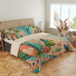 Angled full-bed view of bedding printed with coral and teal surfboards, palm leaves and shells beside turquoise waves on a sandy beach, showing the pattern across the cover and pillows.