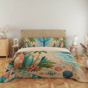 Full front view of bedding printed with coral and teal surfboards, palm leaves and shells beside turquoise waves on a sandy beach beneath a beige headboard.