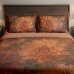 Front close view of terracotta bedding with large softly painted orange dahlias, muted burgundy petals and shadowy olive leaves on the cover and matching pillows.