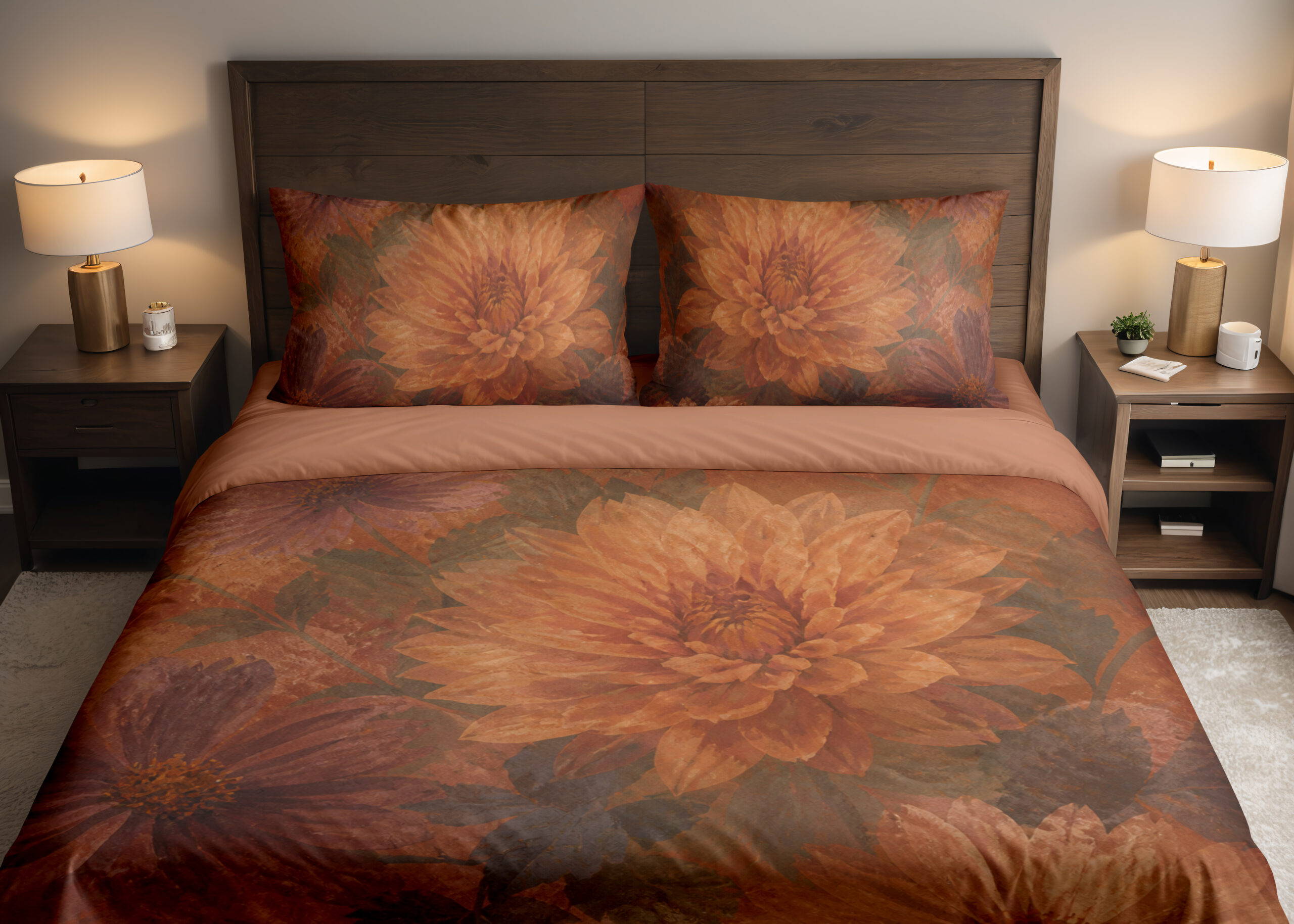 Front close view of terracotta bedding with large softly painted orange dahlias, muted burgundy petals and shadowy olive leaves on the cover and matching pillows.