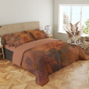 Angled full-bed view of terracotta bedding with large softly painted orange dahlias, muted burgundy petals and shadowy olive leaves, showing the pattern across the cover and pillows.