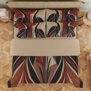 Overhead view of bedding printed with two stylized black cranes facing inward, sweeping wing shapes and reeds in rust red, tan and cream, with the design repeated on the pillows.