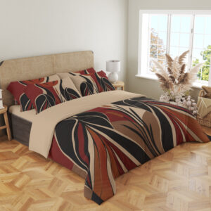 Angled full-bed view of bedding printed with two stylized black cranes facing inward, sweeping wing shapes and reeds in rust red, tan and cream, showing the pattern across the cover and pillows.
