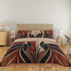 Full front view of bedding printed with two stylized black cranes facing inward, sweeping wing shapes and reeds in rust red, tan and cream beneath a beige headboard.