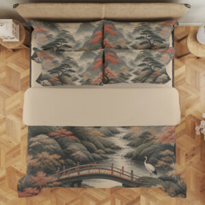 Overhead view of bedding printed with a misty gray mountain valley, red-leaved trees, an arched wooden bridge and a white crane, with the design repeated on the pillows.