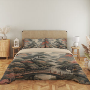 Full front view of bedding printed with a misty gray mountain valley, red-leaved trees, an arched wooden bridge and a white crane beneath a beige headboard.