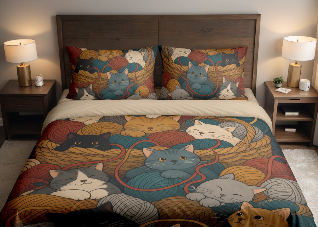 Yarn Basket Cat Gathering Bedding Set mockup 1