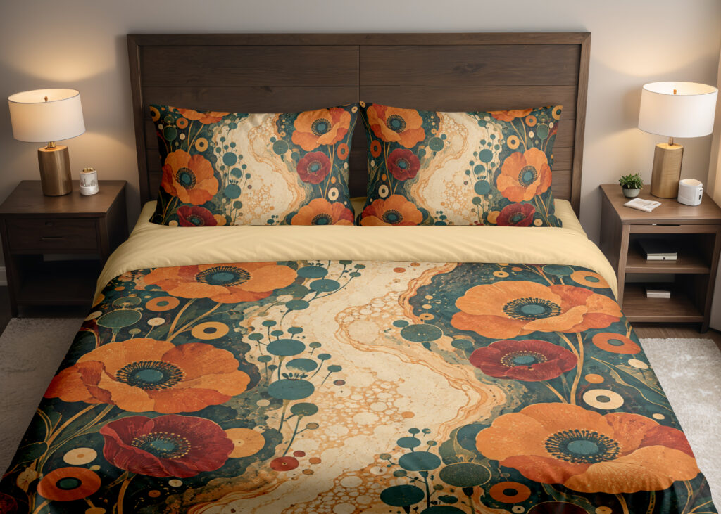 Amber Poppy Mineral Garden Bedding Set — front bedroom view
