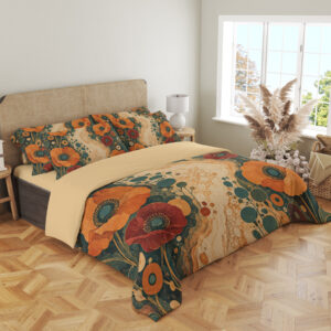 Amber Poppy Mineral Garden Bedding Set — angled bedroom view