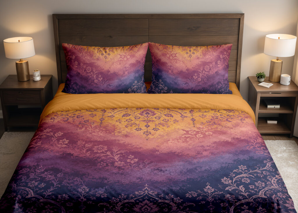 Amethyst Saffron Heirloom Fade Bedding Set — front bedroom view