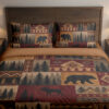 Burgundy Woodland Patchwork Bedding Set with bears, moose and pine trees in burgundy and ochre