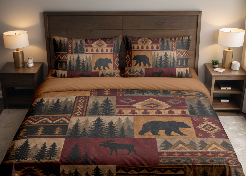 Burgundy Woodland Patchwork Bedding Set with bears, moose and pine trees in burgundy and ochre