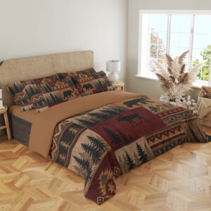 Angled full-bed view of bedding printed with burgundy, ochre and tan patchwork panels of black bears, moose, pine trees and geometric borders, showing the pattern across the cover and pillows.