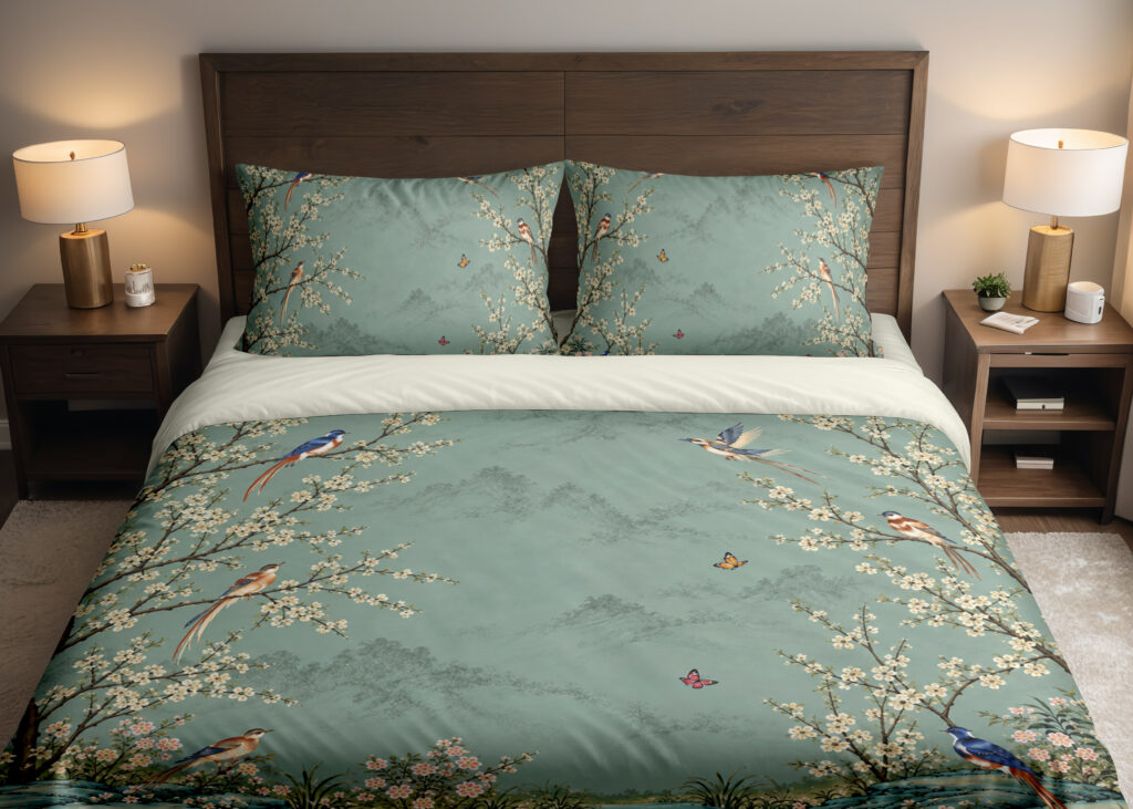 Celadon Blossom Aviary Bedding Set with celadon birds and cream blossoms — front view with dark wood headboard