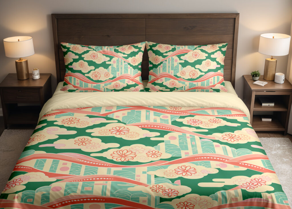 Coral Ribbon Cloudscape Bedding Set — front bedroom view