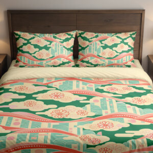 Coral Ribbon Cloudscape Bedding Set — front bedroom view