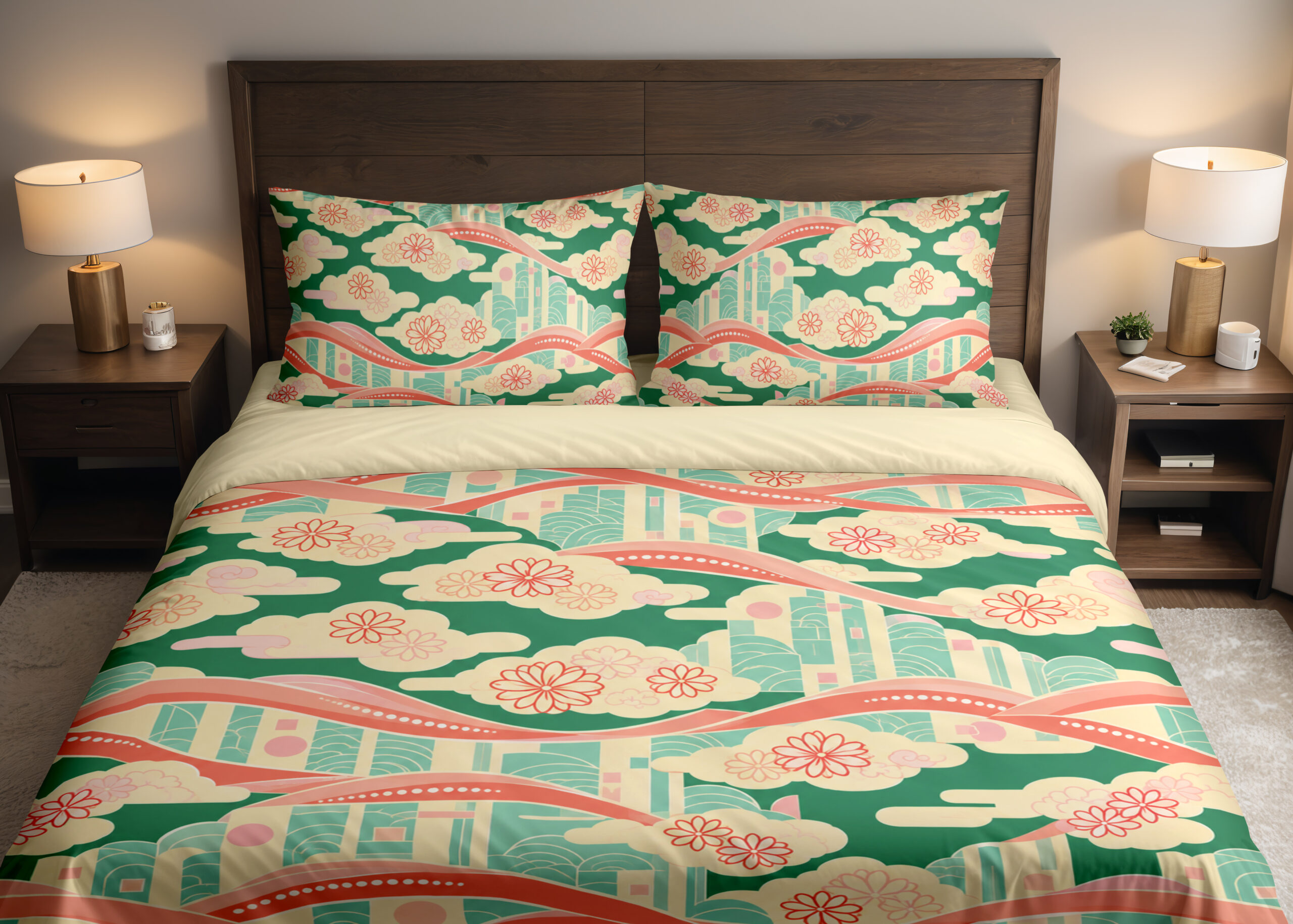 Coral Ribbon Cloudscape Bedding Set — front bedroom view