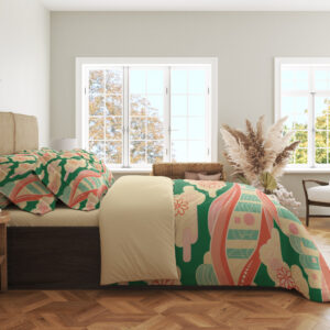 Coral Ribbon Cloudscape Bedding Set — side bedroom view