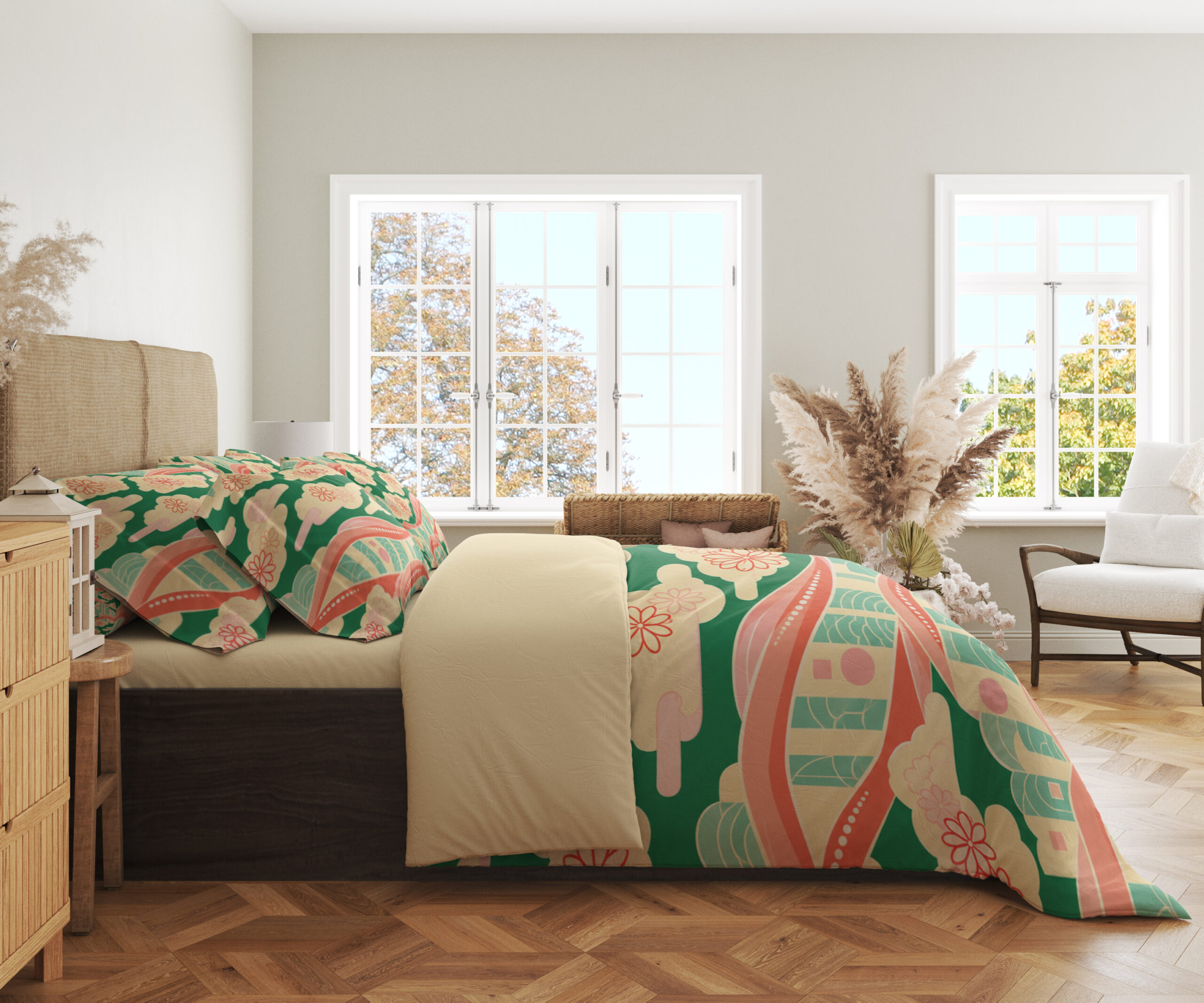 Coral Ribbon Cloudscape Bedding Set — side bedroom view