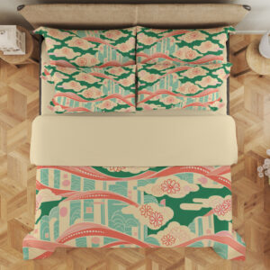 Coral Ribbon Cloudscape Bedding Set — overhead view