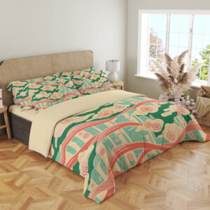 Coral Ribbon Cloudscape Bedding Set — angled bedroom view