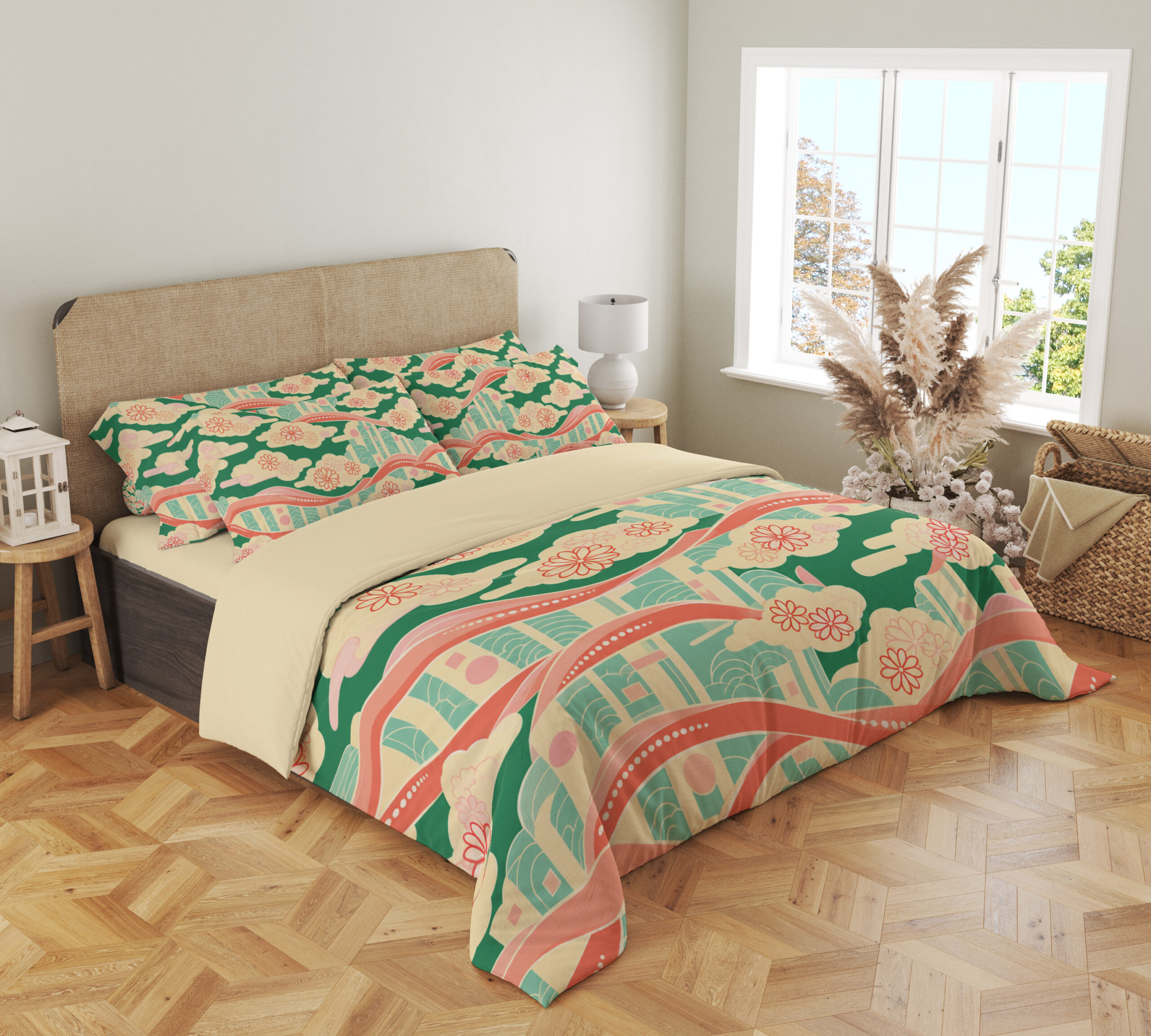 Coral Ribbon Cloudscape Bedding Set — angled bedroom view