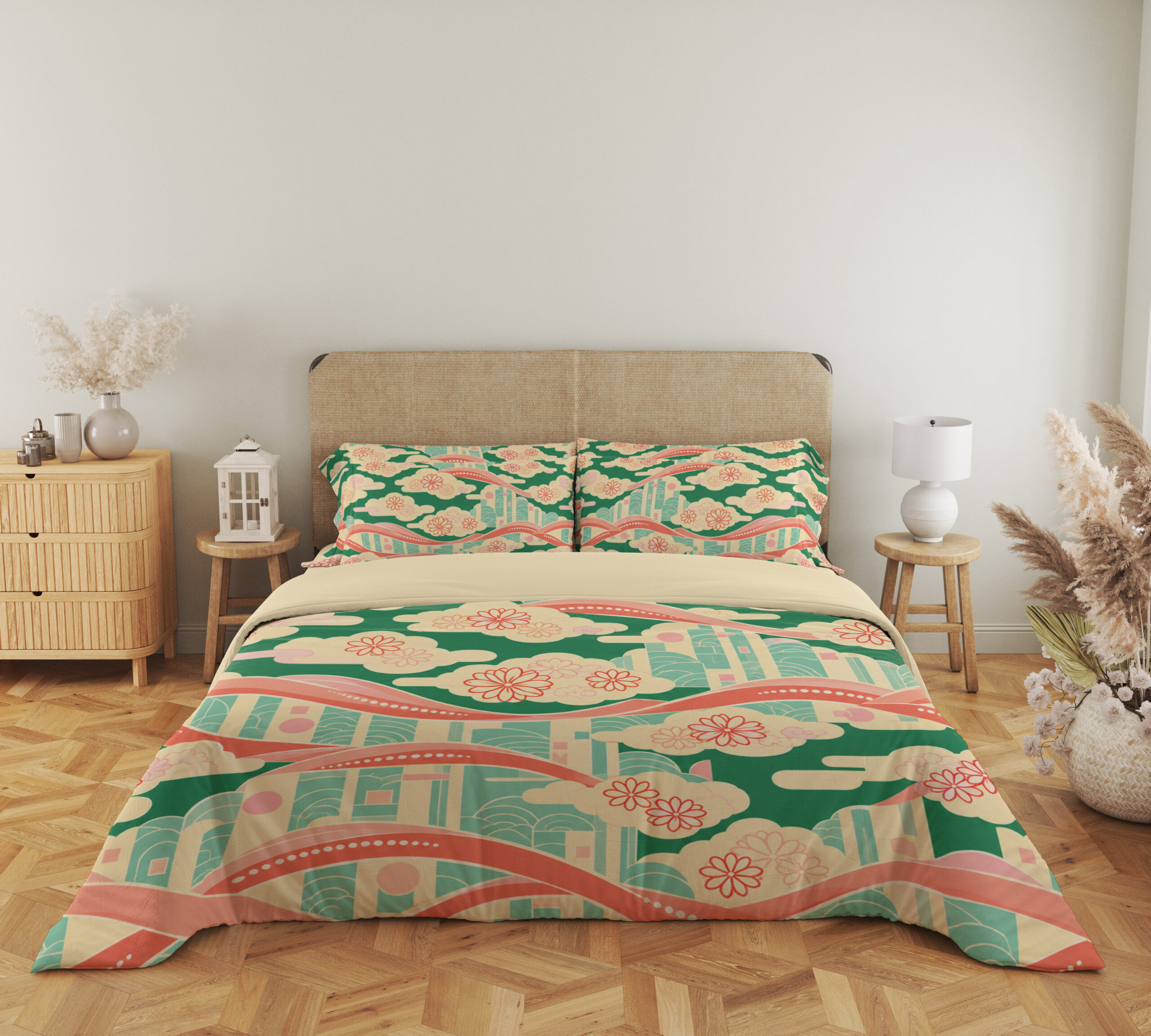 Coral Ribbon Cloudscape Bedding Set — full front view