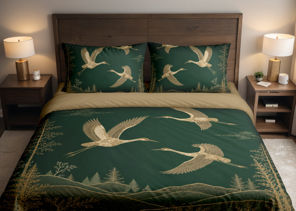 Forest Gold Crane Horizon Bedding Set — front bedroom view