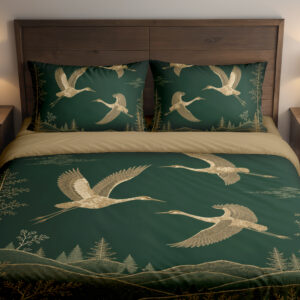 Forest Gold Crane Horizon Bedding Set — front bedroom view