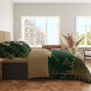 Forest Gold Crane Horizon Bedding Set — side bedroom view