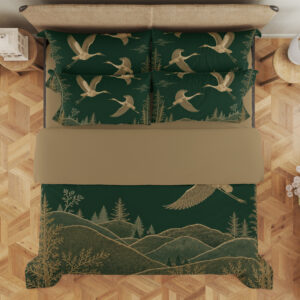 Forest Gold Crane Horizon Bedding Set — overhead view